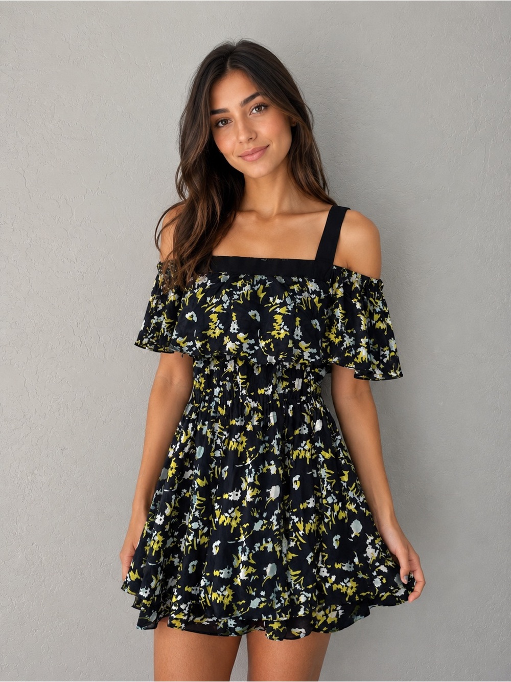 GREY Jason Wu Silk Blend Floral Cold Shoulder Ruffle Dress Size 4 Designer Mini